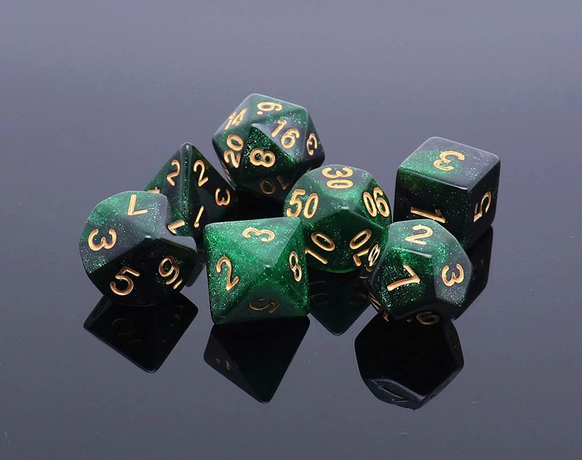 Nebula Glitter Dice Set — 7-Piece Polyhedral D&D Dice (Green & Black)