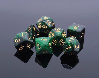 Nebula Glitter Dice Set — 7-Piece Polyhedral D&D Dice (Green & Black)
