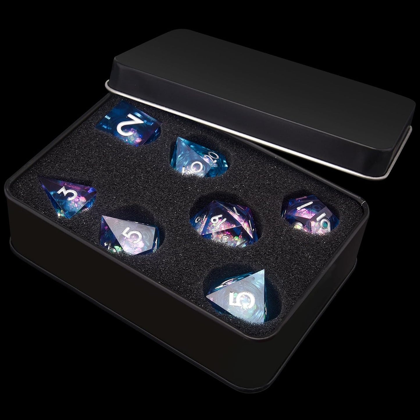 Sharp-Edge Liquid-Core Dice Set — 7-Piece Polyhedral (Blue & Violet)