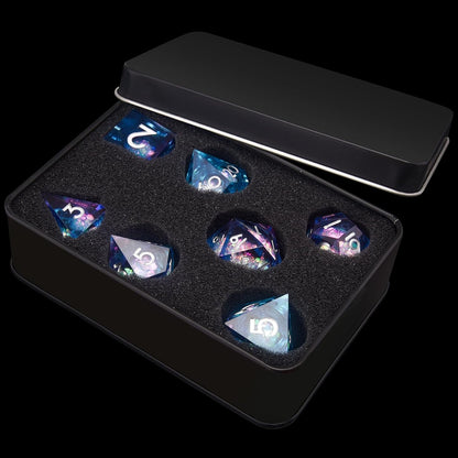 Sharp-Edge Liquid-Core Dice Set — 7-Piece Polyhedral (Blue & Violet)