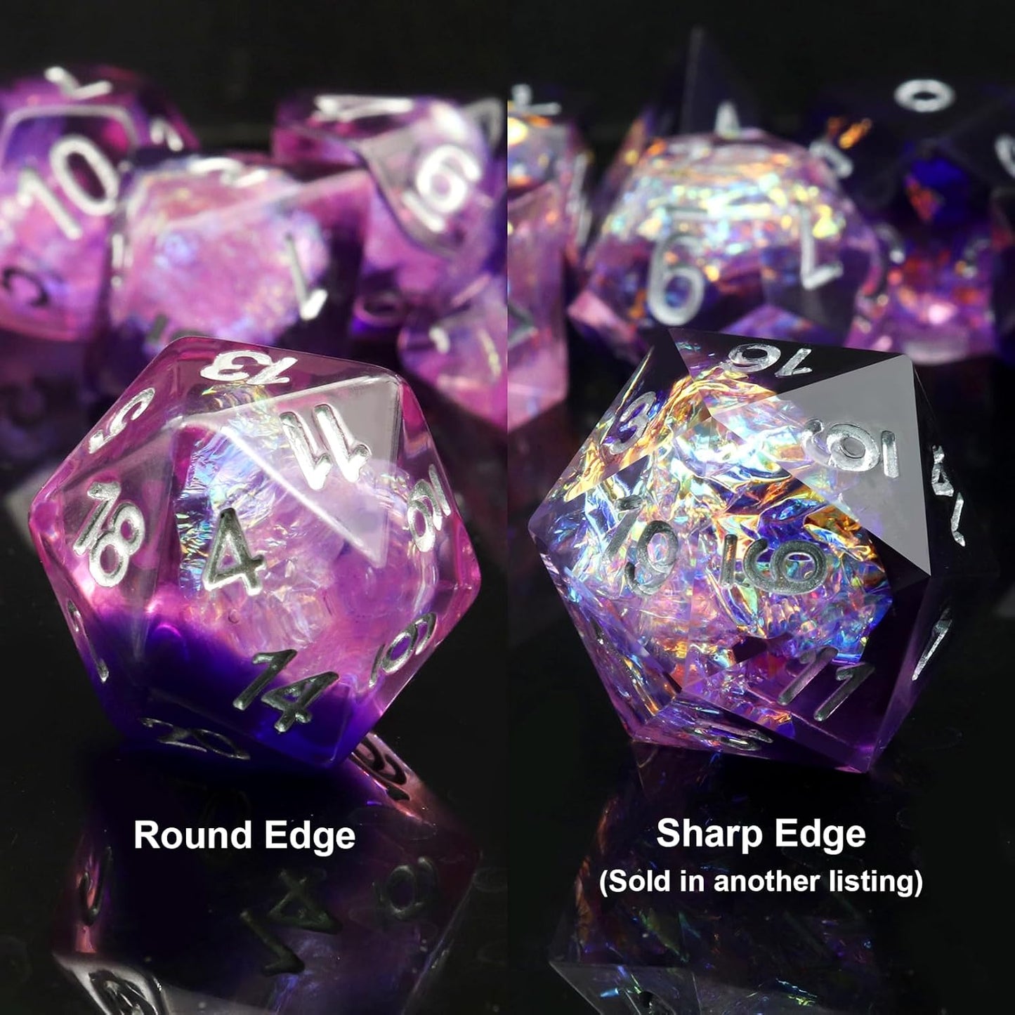 Iridescent purple resin polyhedral D&D dice set with mylar shimmer and velvet bag