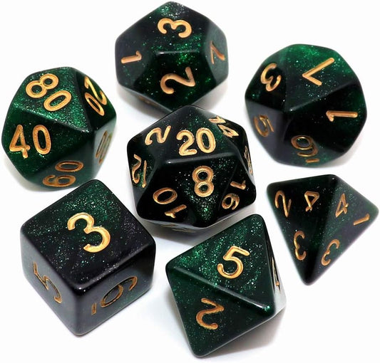 Nebula Glitter Dice Set — 7-Piece Polyhedral D&D Dice (Green & Black)