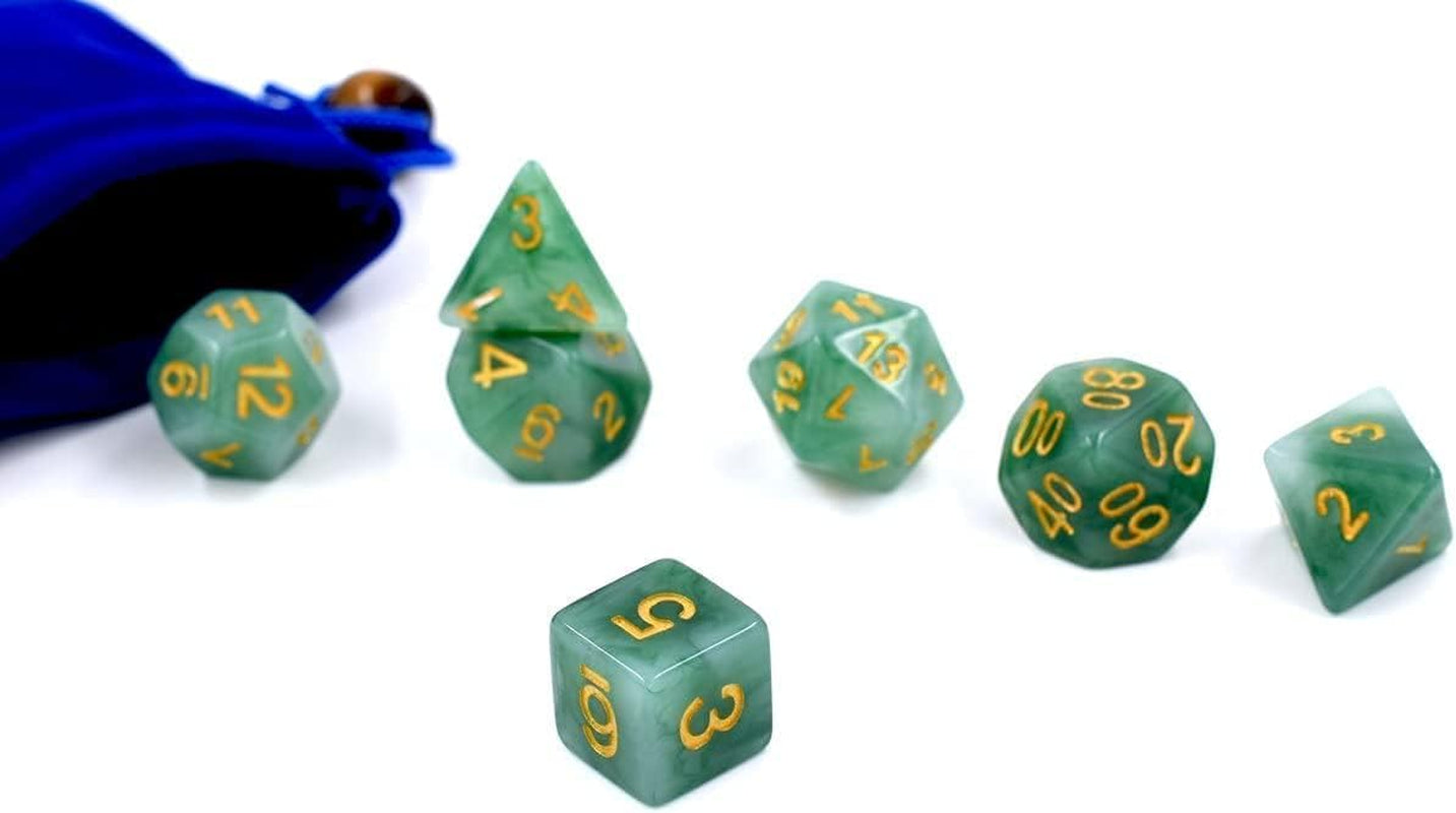 Jade green resin polyhedral D&D dice set with gold numbering