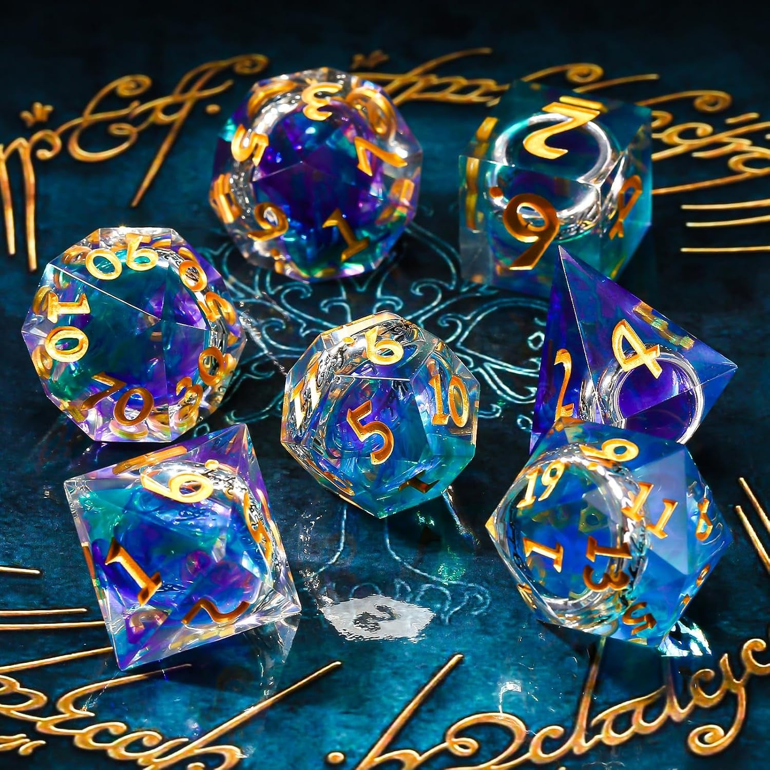 Ring Inclusion Sharp-Edge Dice Set — 7-Piece Polyhedral Resin