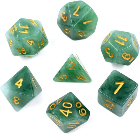 Jade green resin polyhedral D&D dice set with gold numbering