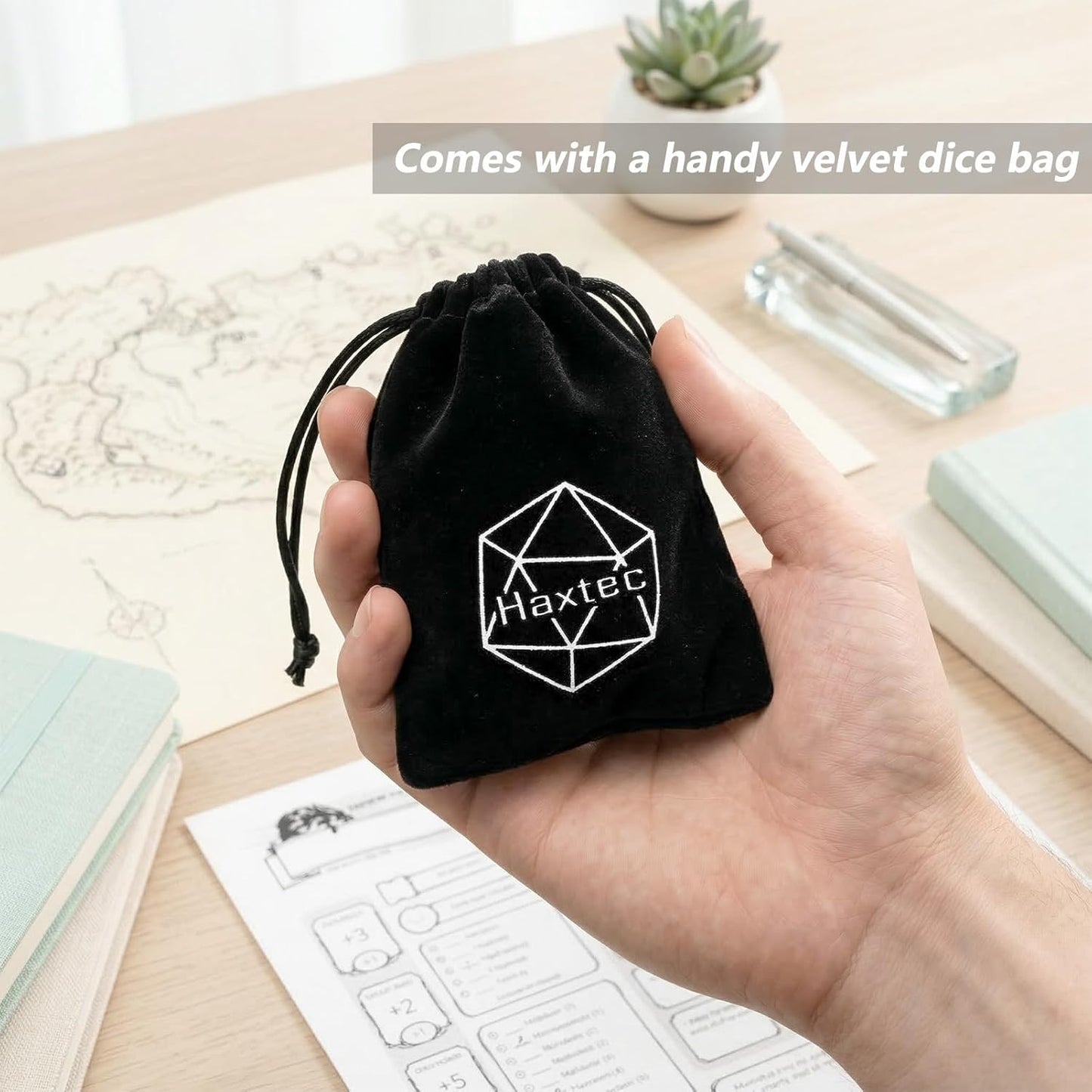 Iridescent purple resin polyhedral D&D dice set with mylar shimmer and velvet bag