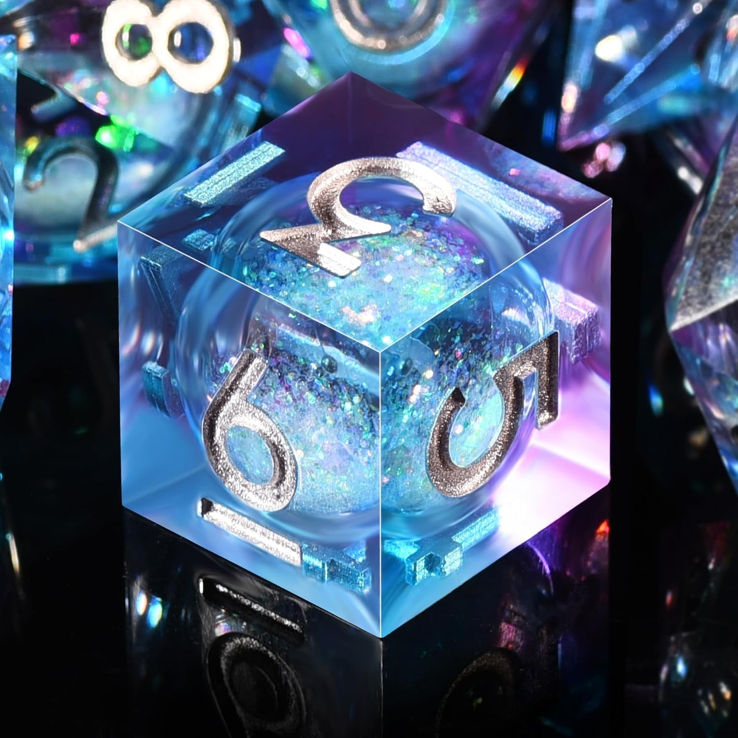 Sharp-Edge Liquid-Core Dice Set — 7-Piece Polyhedral (Blue & Violet)