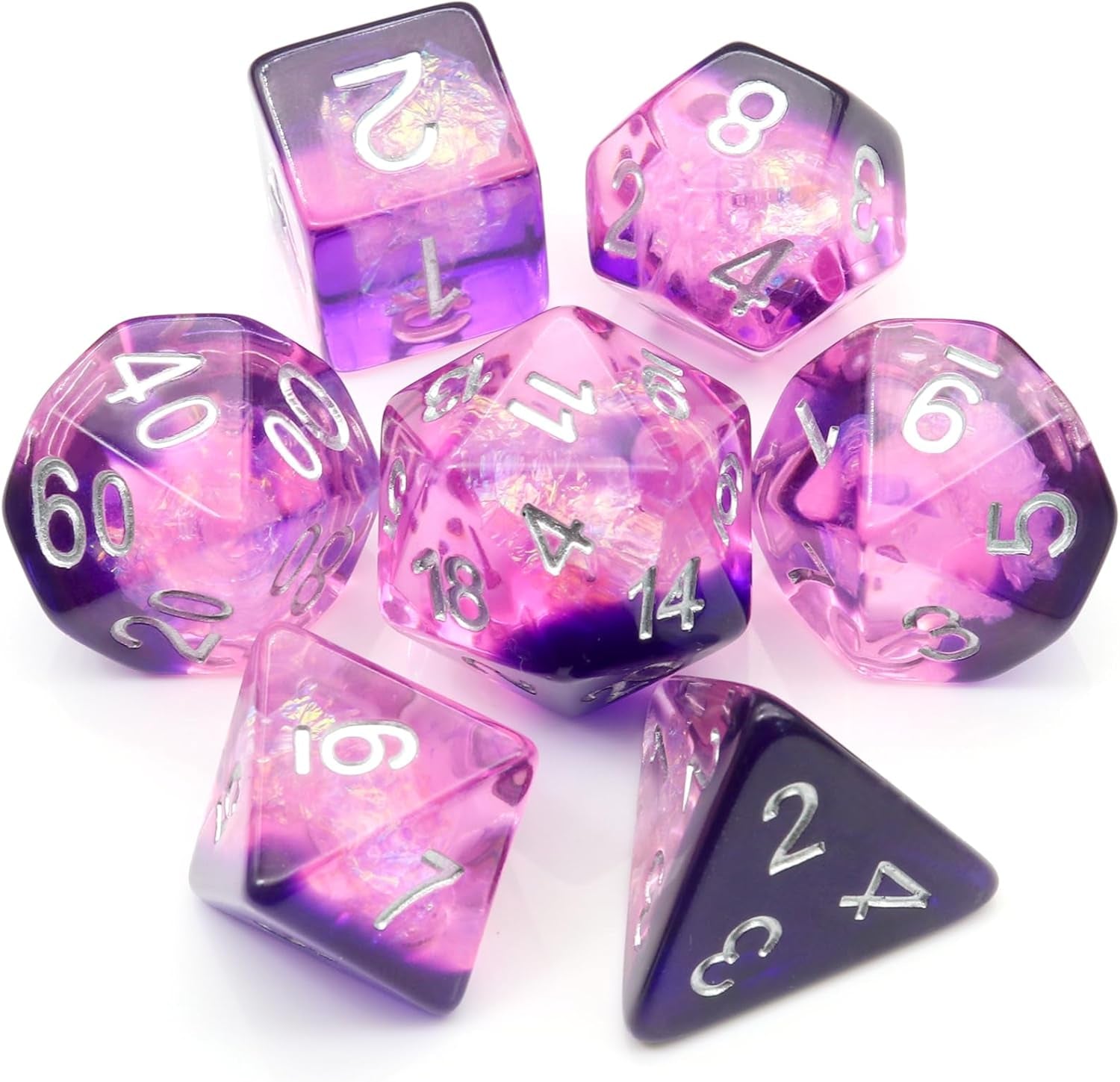 Iridescent purple resin polyhedral D&D dice set with mylar shimmer and velvet bag