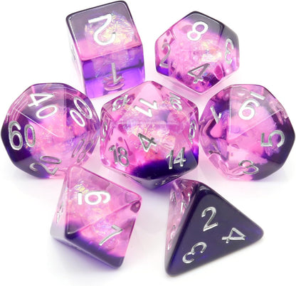 Iridescent purple resin polyhedral D&D dice set with mylar shimmer and velvet bag