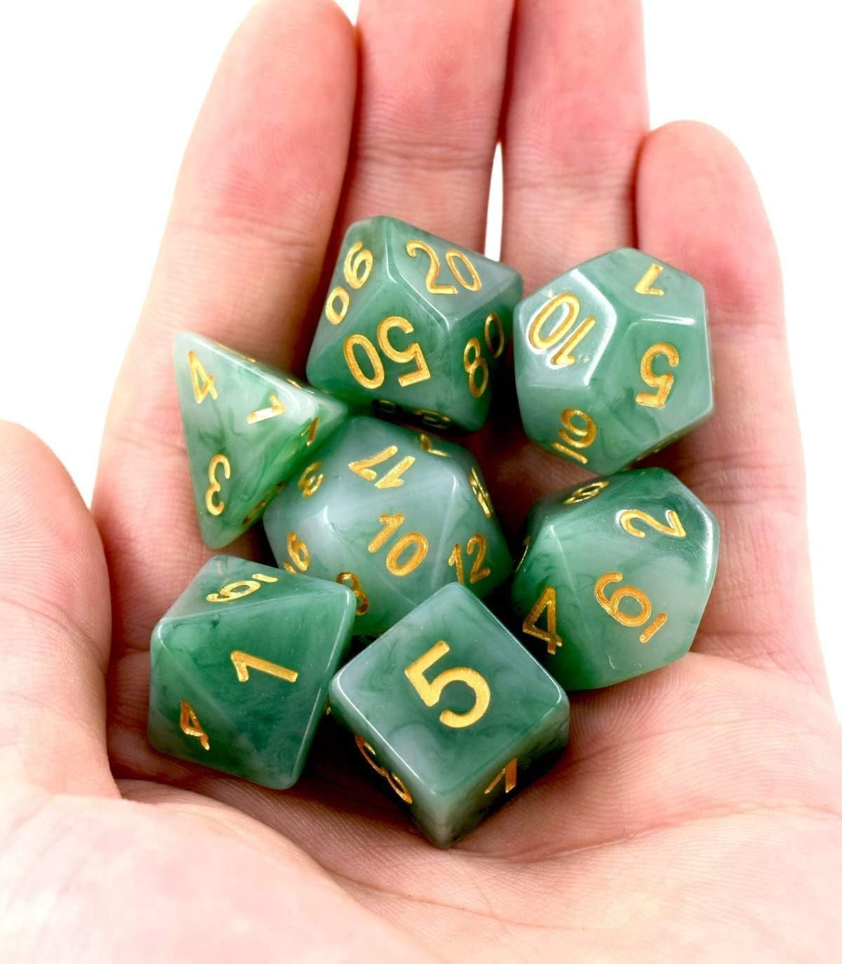 Jade green resin polyhedral D&D dice set with gold numbering