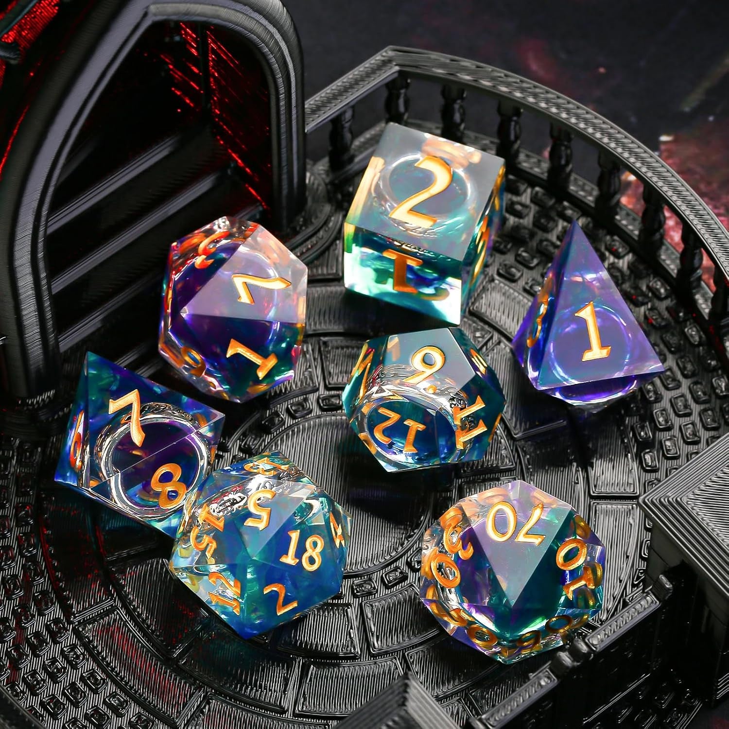 Ring Inclusion Sharp-Edge Dice Set — 7-Piece Polyhedral Resin
