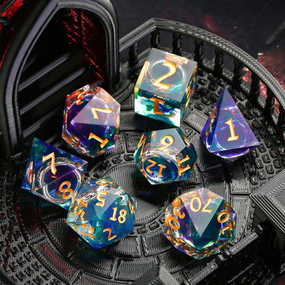 Ring Inclusion Sharp-Edge Dice Set — 7-Piece Polyhedral Resin