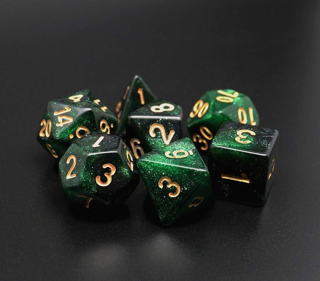 Nebula Glitter Dice Set — 7-Piece Polyhedral D&D Dice (Green & Black)