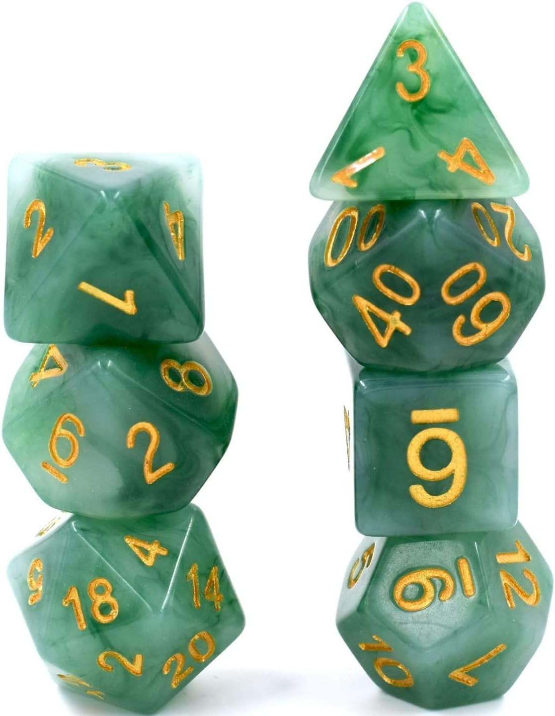 Jade green resin polyhedral D&D dice set with gold numbering