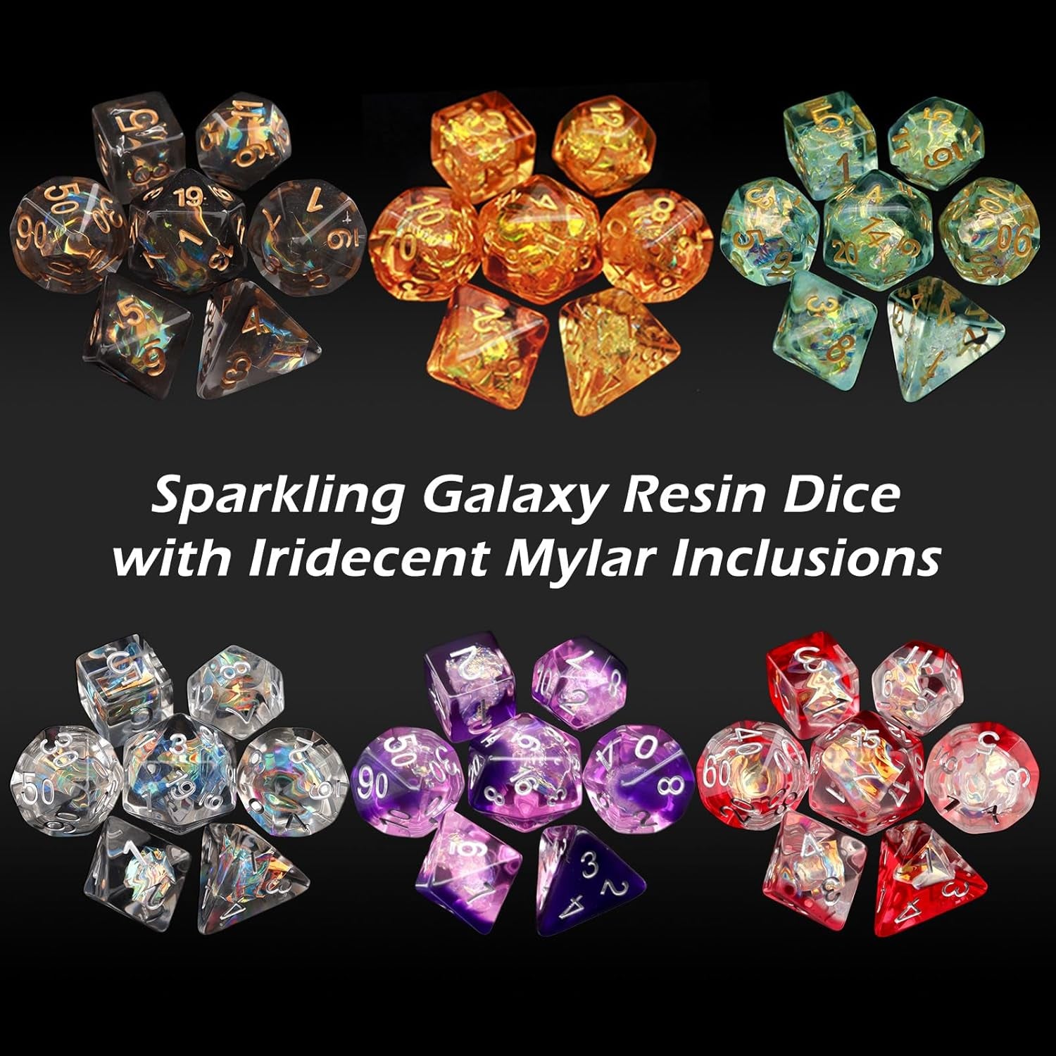 Iridescent purple resin polyhedral D&D dice set with mylar shimmer and velvet bag