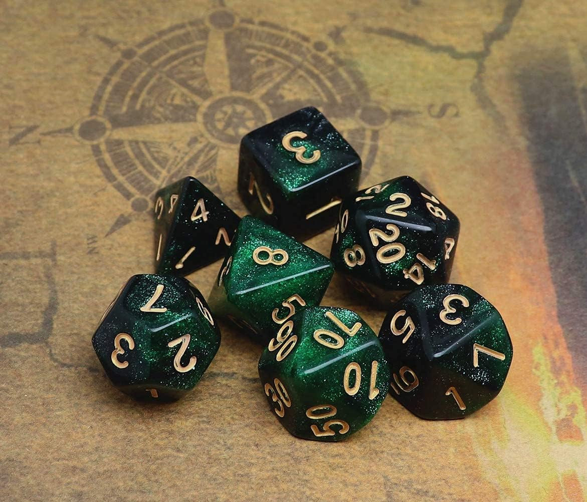 Nebula Glitter Dice Set — 7-Piece Polyhedral D&D Dice (Green & Black)