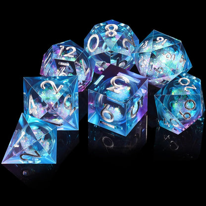 Sharp-Edge Liquid-Core Dice Set — 7-Piece Polyhedral (Blue & Violet)