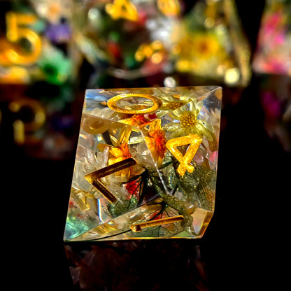 Handmade dried-flower resin polyhedral D&D dice set