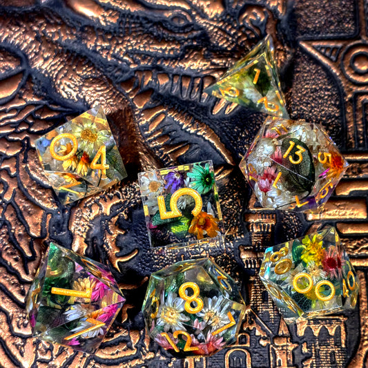 Handmade dried-flower resin polyhedral D&D dice set