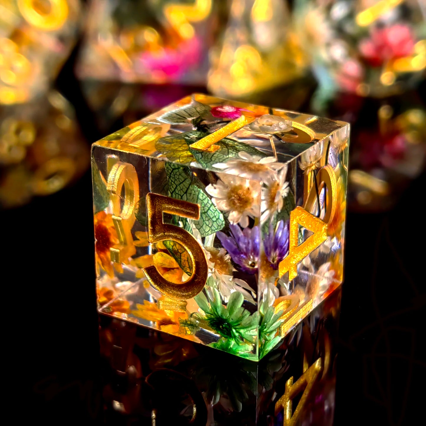 Handmade dried-flower resin polyhedral D&D dice set