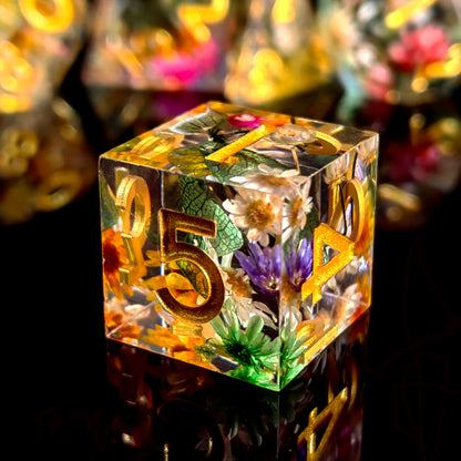 Handmade dried-flower resin polyhedral D&D dice set