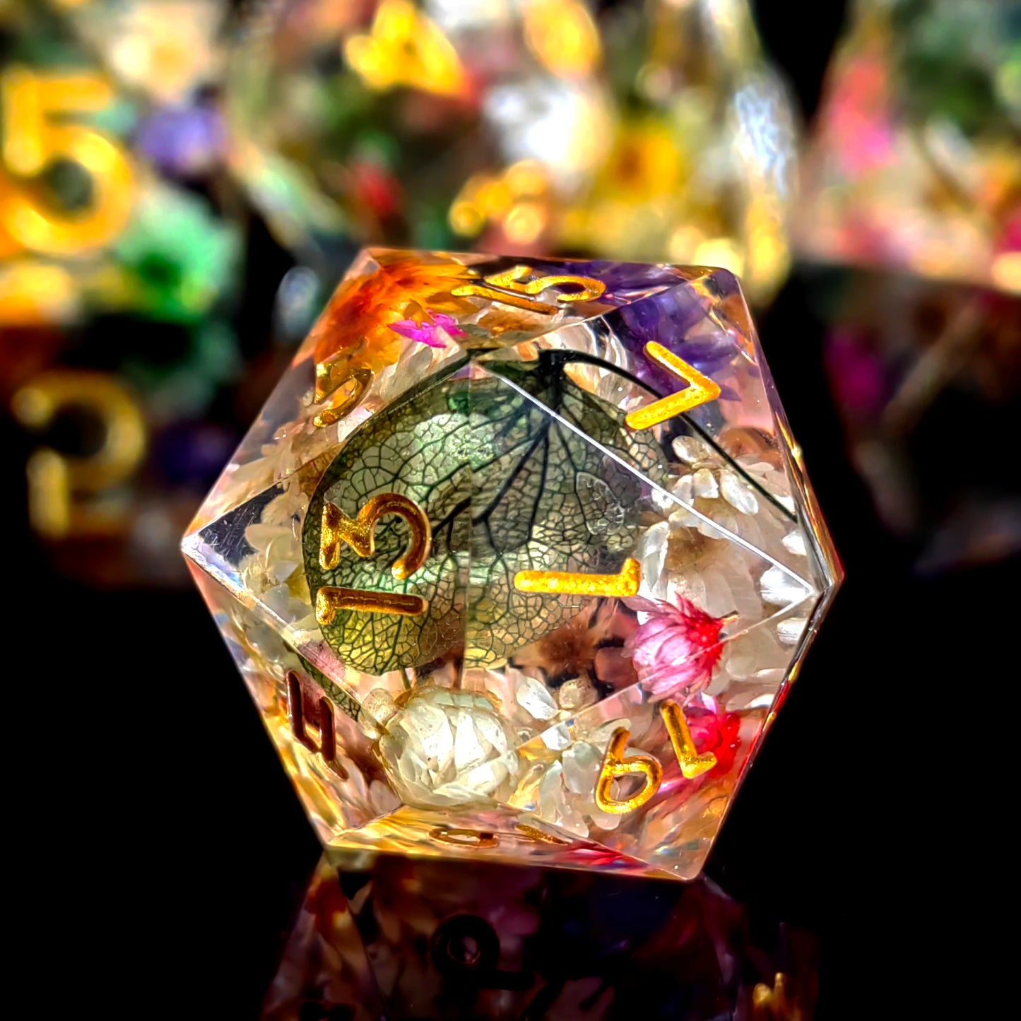 Handmade dried-flower resin polyhedral D&D dice set