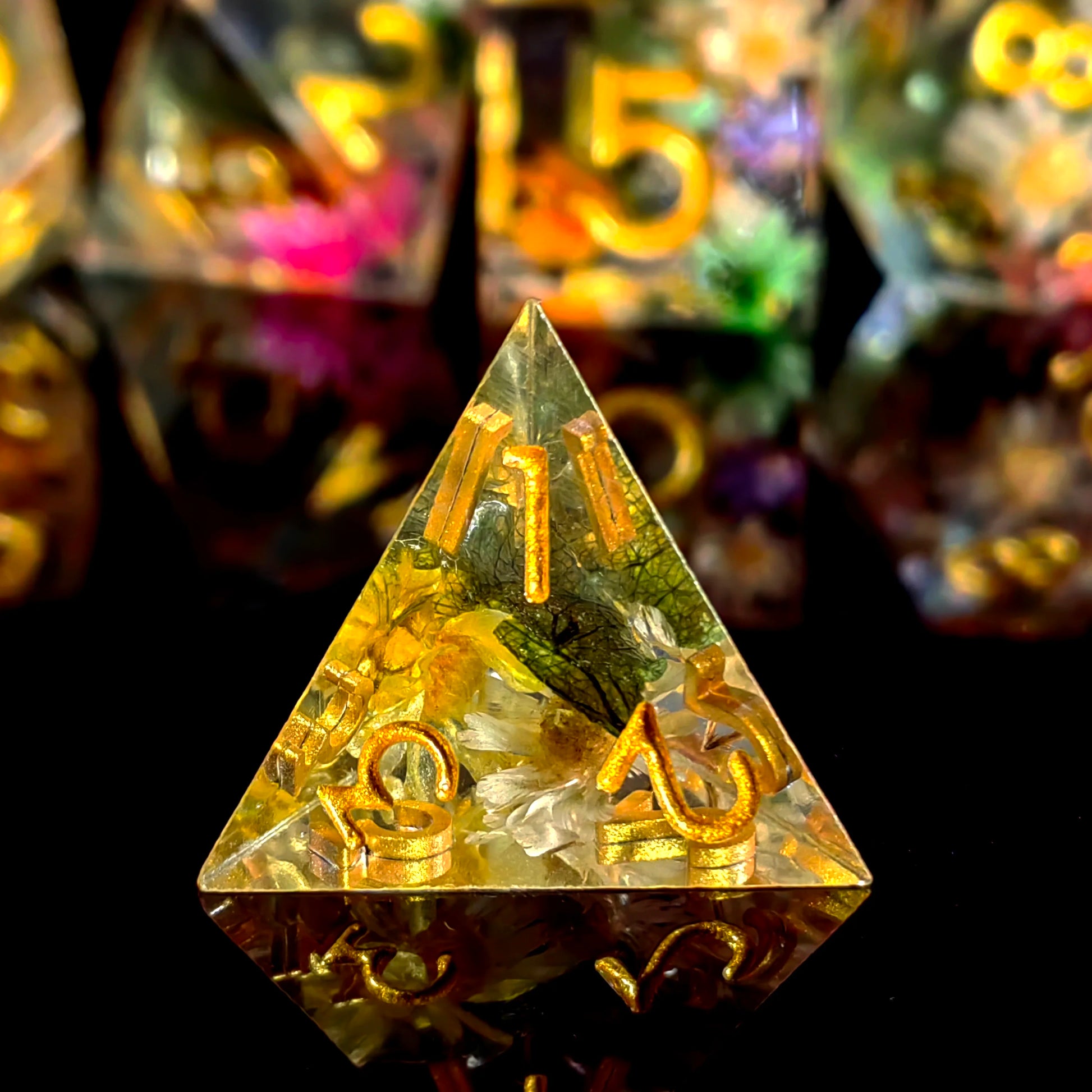Handmade dried-flower resin polyhedral D&D dice set