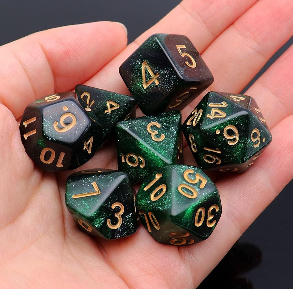 Nebula Glitter Dice Set — 7-Piece Polyhedral D&D Dice (Green & Black)