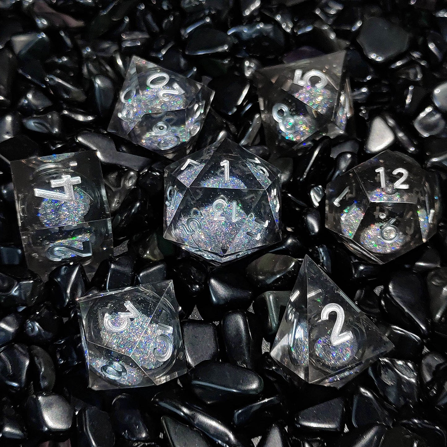 Quicksand liquid-core resin polyhedral D&D dice set in multiple colorways