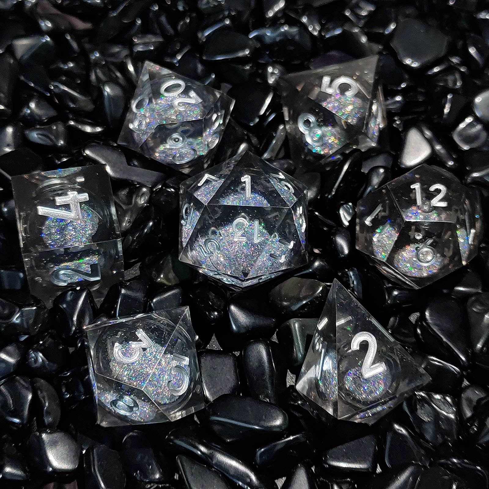 Quicksand liquid-core resin polyhedral D&D dice set in multiple colorways