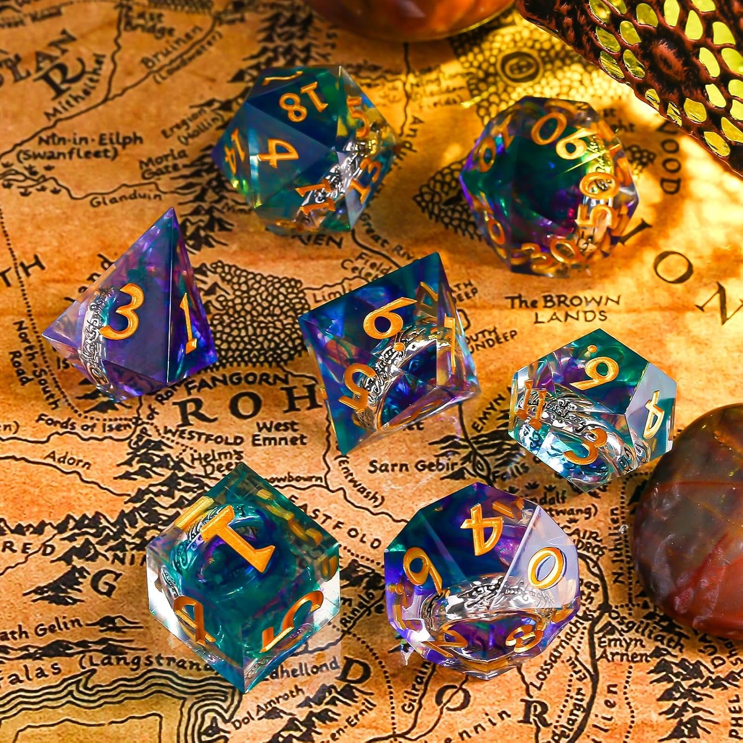 Ring Inclusion Sharp-Edge Dice Set — 7-Piece Polyhedral Resin