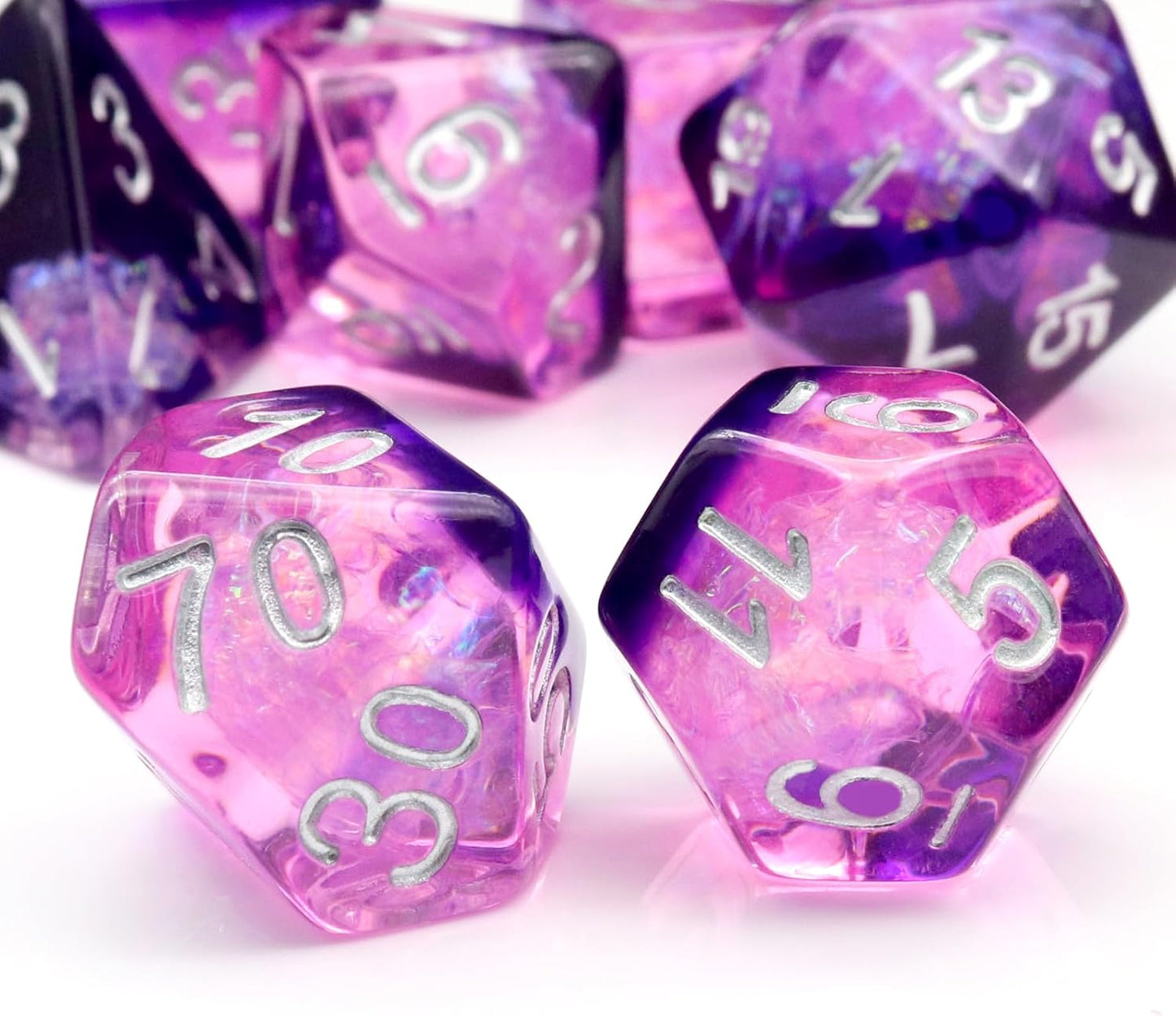 Iridescent purple resin polyhedral D&D dice set with mylar shimmer and velvet bag
