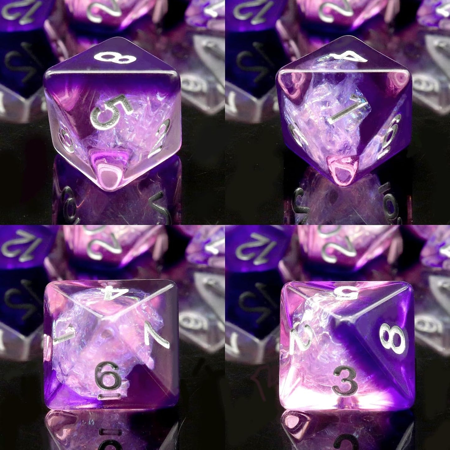 Iridescent purple resin polyhedral D&D dice set with mylar shimmer and velvet bag